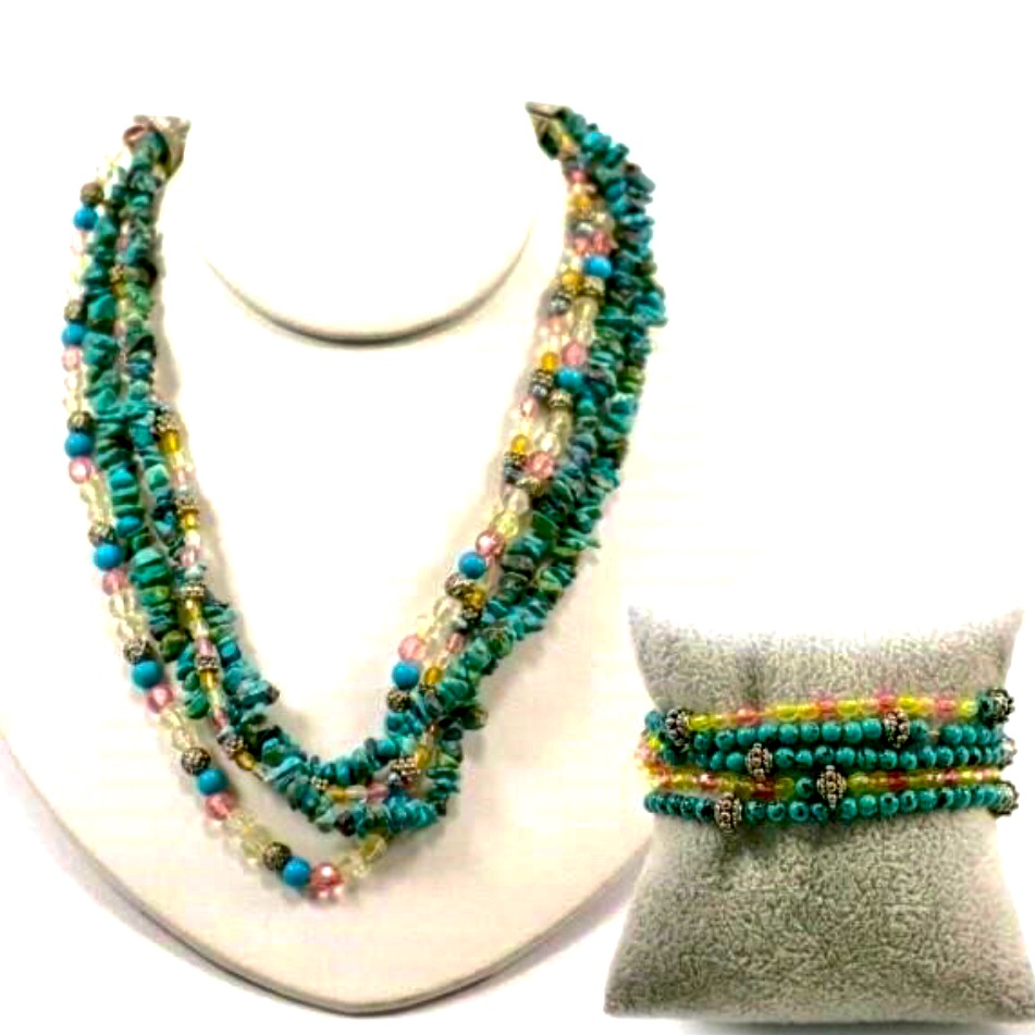 Turquoise Several Strands And Mixed Beaded Strand Necklaces & Stretch Bracelet